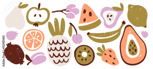 Colorful fresh raw natural fruits and berries set with matisse abstract geometric shapes design