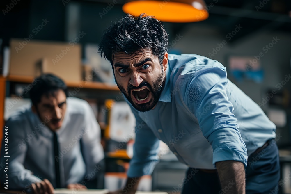 Fototapeta premium A man with furious expression leaning over a desk