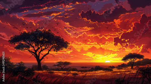Stunning African Sunset Over Savannah with Dramatic Sky and Silhouetted Acacia Trees