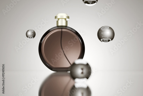 A bottle of perfume is placed on a glass background, 3d render