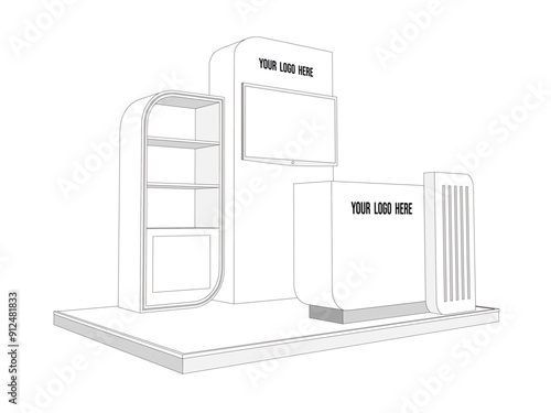 3d illustration stand booth 3x2m with table receptionist rack display and blank LED TV screen for logo company for event exhibition. Vector sketch outline drawing coloring editable isolated.