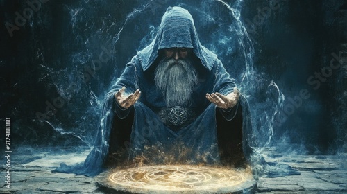 Powerful ancient wizard casting spells surrounded by intricate magical runes and glyphs in a captivating watercolor style creating a mystical and ethereal atmosphere photo