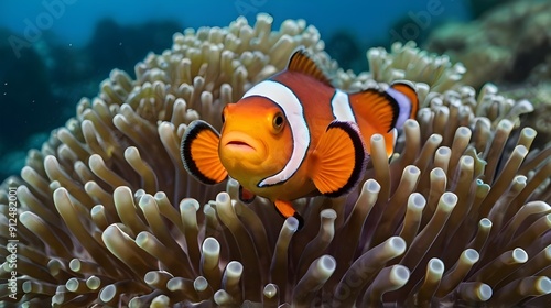 Clownfish swimming in anemones