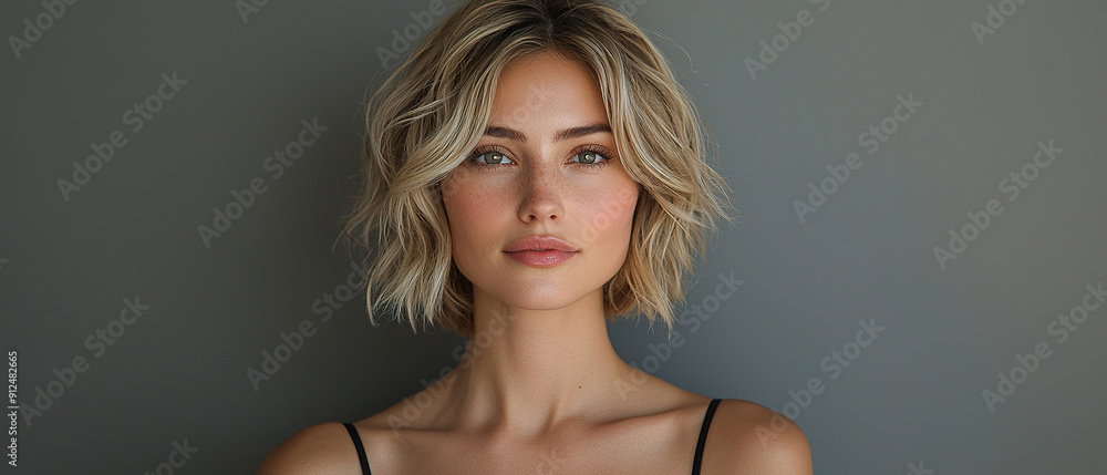 a photo of beautiful blonde woman with short hair, shoulder length bob haircut, wearing makeup with enpty copy space a photo of beautiful blonde woman with short hair, shoulder length bob haircut, wearing makeup with enpty copy space