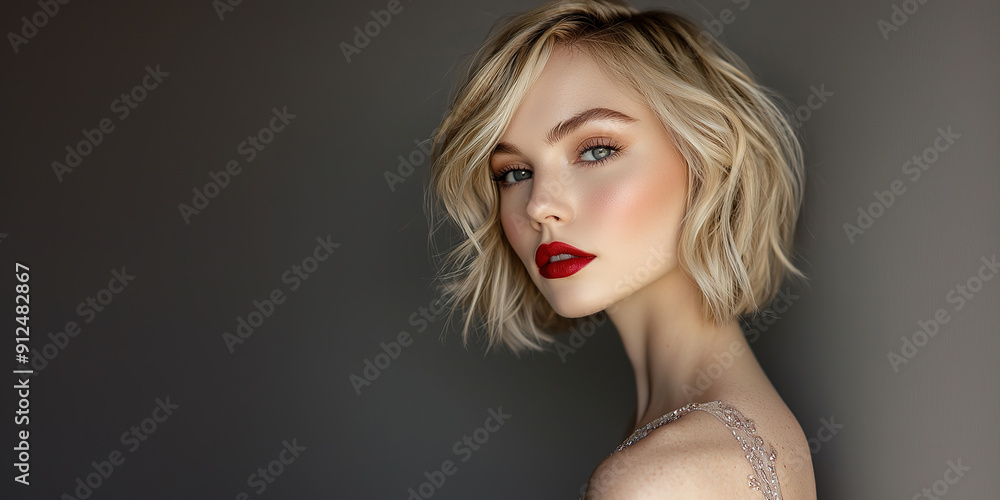 a photo of beautiful blonde woman with short hair, shoulder length bob haircut, wearing makeup with enpty copy space a photo of beautiful blonde woman with short hair, shoulder length bob haircut, wearing makeup with enpty copy space