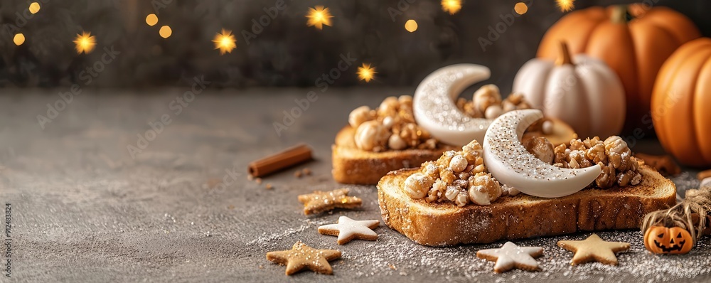 Mystical toast with crescent moon-shaped toppings and starry Halloween theme, magical breakfast Mystical toast with crescent moon-shaped toppings and starry Halloween theme, magical breakfast