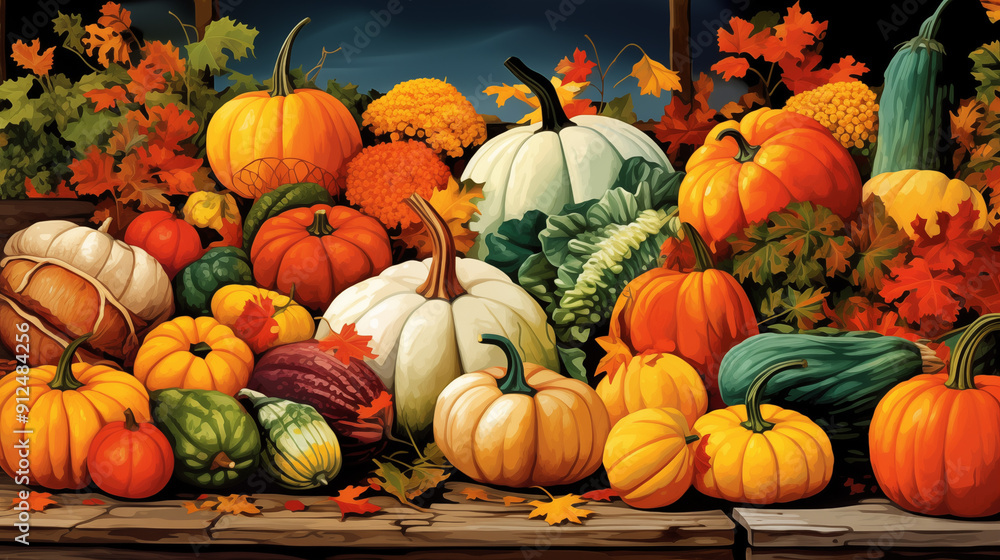 Assorted Pumpkins and Gourds with Autumn Leaves for Seasonal Harvest Display Assorted Pumpkins and Gourds with Autumn Leaves for Seasonal Harvest Display
