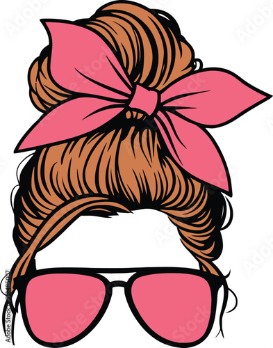 stylish hair bun with pink bow and sunglasses illustration