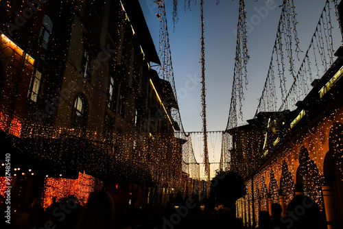 Beautiful night city with oriental buildings and garlands.