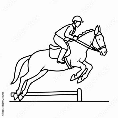 Jockey on Horse High Jump Vector Illustration - Cartoon Clipart Line Art