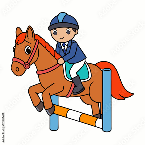 Jockey on Horse High Jump Vector Illustration - Cartoon Clipart Line Art