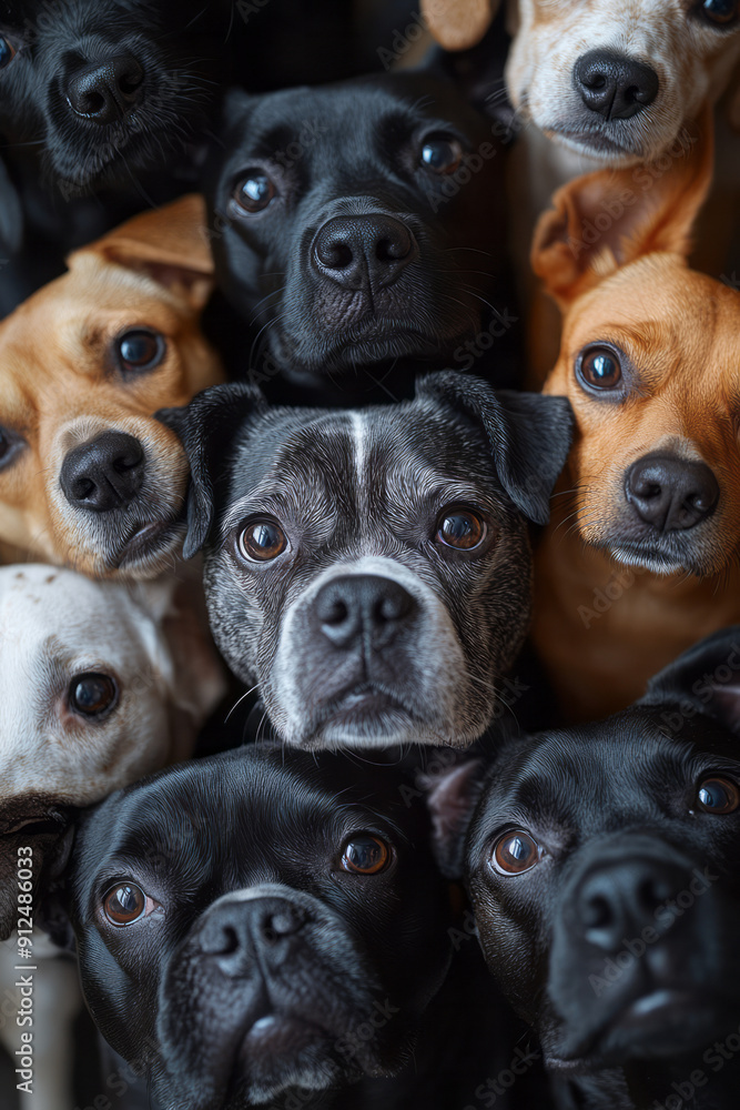 Obraz premium Close-up of a group of dogs, including a Bulldog, German Pointer, Shiba Inu, and Maltese, looking down into the camera,