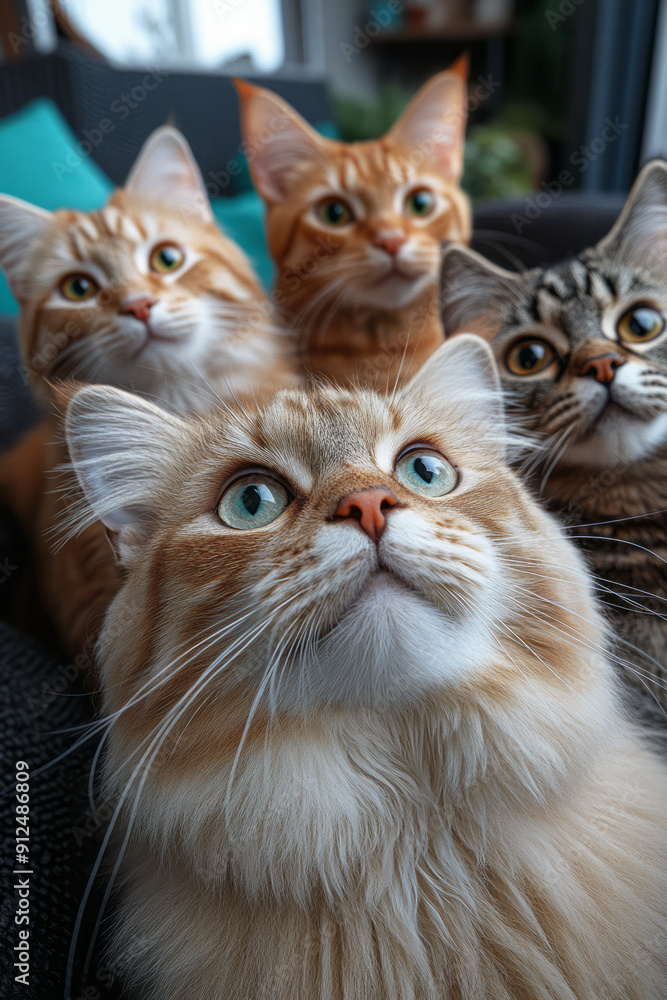 Detailed shot of a Persian, Siamese, Maine Coon, and Bengal cat, all looking down together, capturing a playful selfie moment, Detailed shot of a Persian, Siamese, Maine Coon, and Bengal cat, all looking down together, capturing a playful selfie moment,