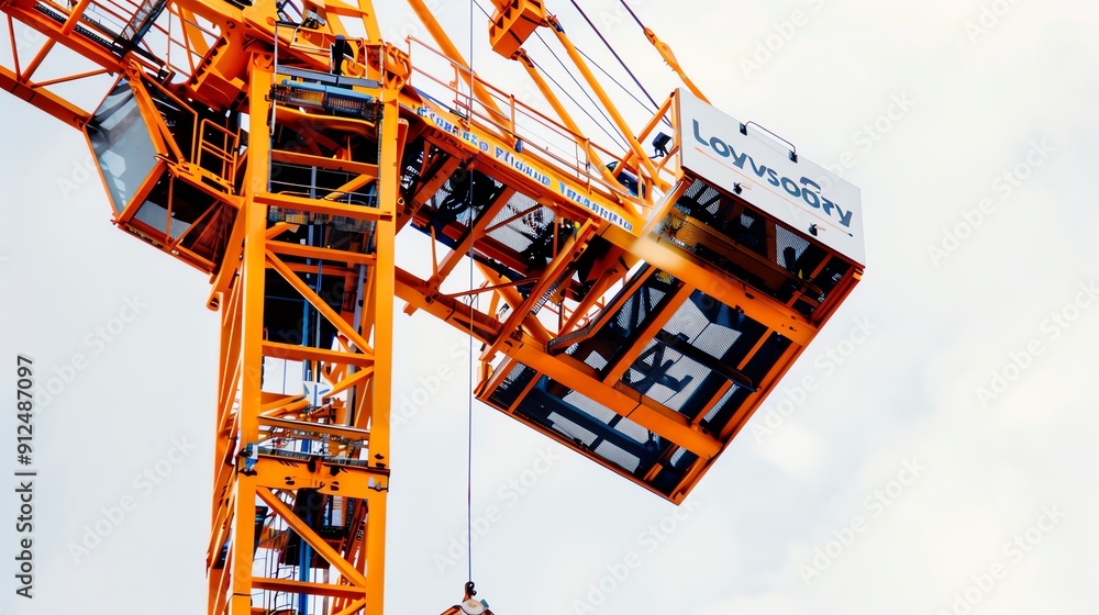 Fototapeta premium Tower crane lifting large signage for a commercial building, urban advertising Tall and powerful, precise and efficient, commercial construction