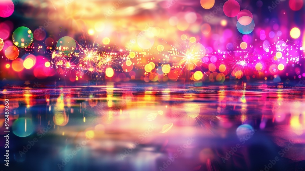 Fototapeta premium Colorful Bokeh and Sparkling Lights on Blue Background - Glowing Abstract Scene
