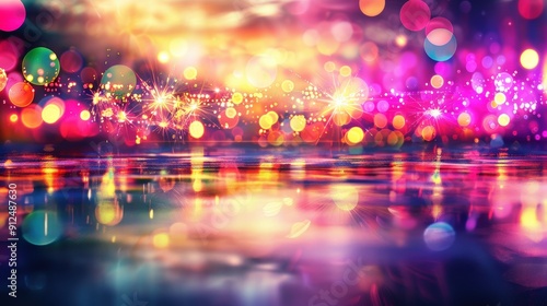 Colorful Bokeh and Sparkling Lights on Blue Background - Glowing Abstract Scene