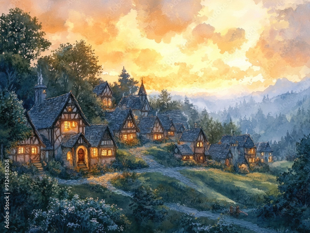 A fantastical centaur village nestled in rolling hills bathed in the soft ethereal glow of twilight with a watercolor style treatment that lends a dreamlike whimsical to the magical mythical scene A fantastical centaur village nestled in rolling hills bathed in the soft ethereal glow of twilight with a watercolor style treatment that lends a dreamlike whimsical to the magical mythical scene
