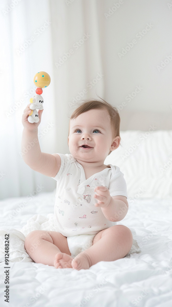 Photo of a 1 year old Caucasian male baby sitting on a bed holding up a rattle Photo of a 1 year old Caucasian male baby sitting on a bed holding up a rattle