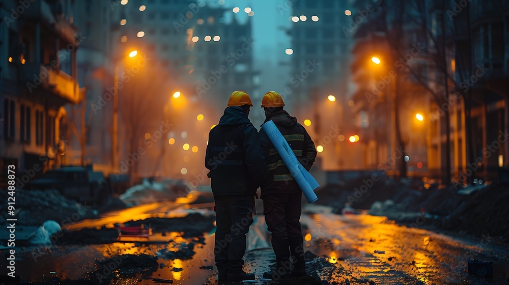 A photo of workers reviewing blueprints at night, with powerful construction lights illuminating the scene. The contrast between the bright lights and the dark sky creates a striking visual effect. A photo of workers reviewing blueprints at night, with powerful construction lights illuminating the scene. The contrast between the bright lights and the dark sky creates a striking visual effect.