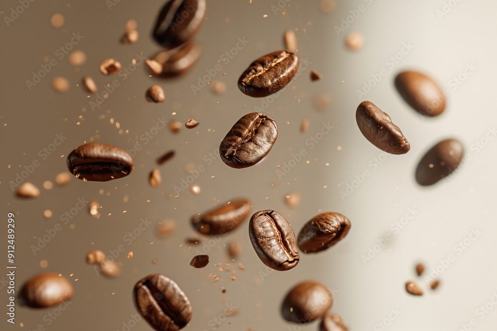 Flying Coffee Beans in Motion with Brown Background Flying Coffee Beans in Motion with Brown Background