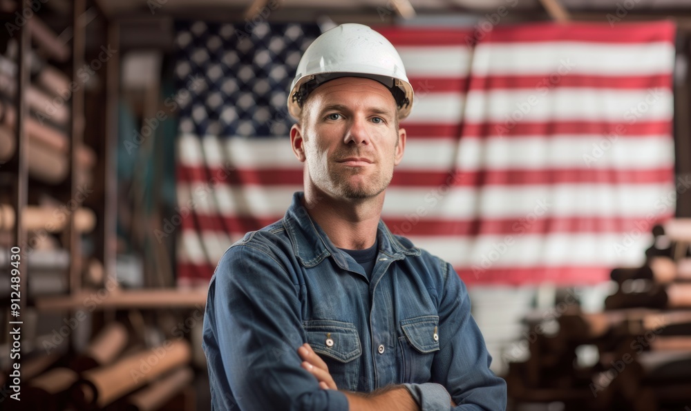 Proud Construction Worker with American Flag. Labor Day. Worker's day.
Proud Construction Worker with American Flag. Labor Day. Worker's day.