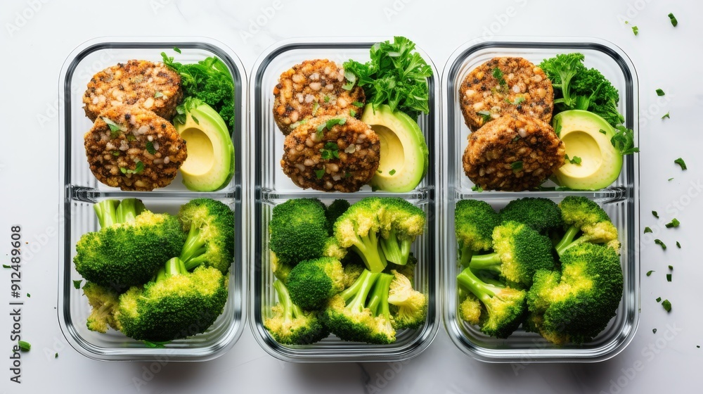 Healthy Meal Prep: Vegetarian Burgers, Broccoli and Avocado in Glass Containers Healthy Meal Prep: Vegetarian Burgers, Broccoli and Avocado in Glass Containers