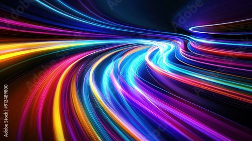 Dynamic, colorful light trails creating abstract patterns on a dark background, symbolizing motion, energy, and modern technology.