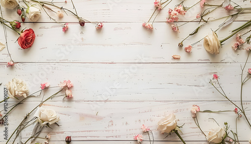 Romantic table setting with died flowers, white wooden table, copy space