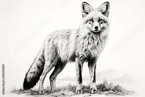 realistic pencil monochrome sketch of fox, wild animal illustration, on white background