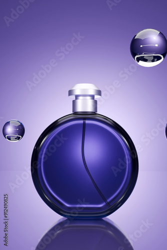 A bottle of perfume is placed on a glass background, 3d render