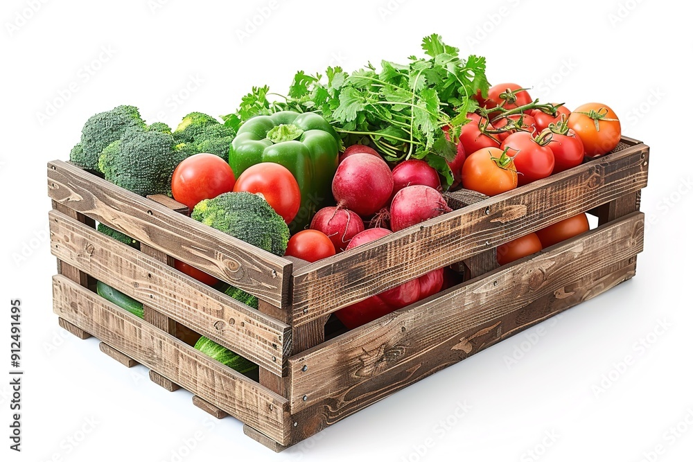 wooden box with different ripe vegetables isolated on a white background wooden box with different ripe vegetables isolated on a white background