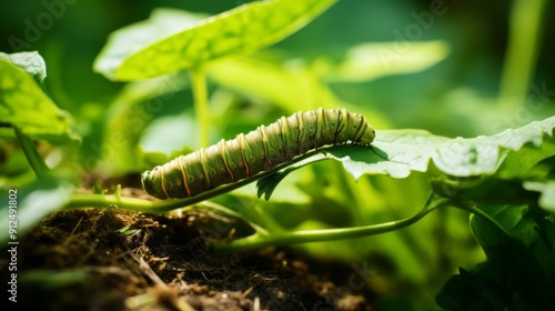 Caterpillar nibbling on fresh leaf
