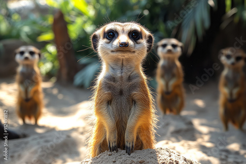 A family of meerkats standing on their hind legs, keeping watch and feeling safe,