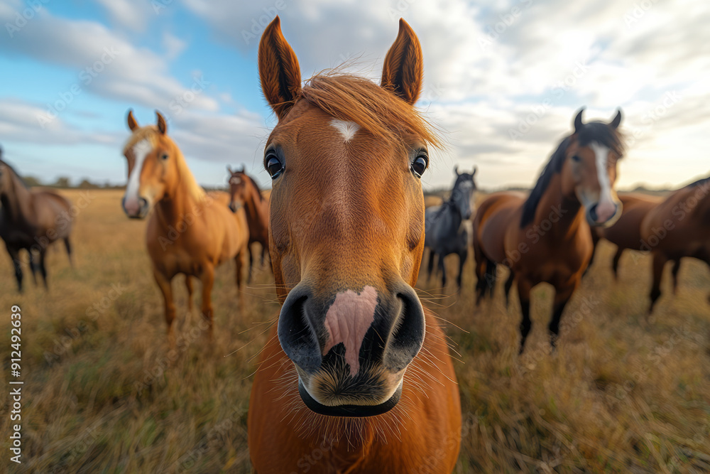 Close-up of a group of horses, including an Arabian, Thoroughbred, Quarter Horse, and Clydesdale, capturing a fun selfie moment, Close-up of a group of horses, including an Arabian, Thoroughbred, Quarter Horse, and Clydesdale, capturing a fun selfie moment,