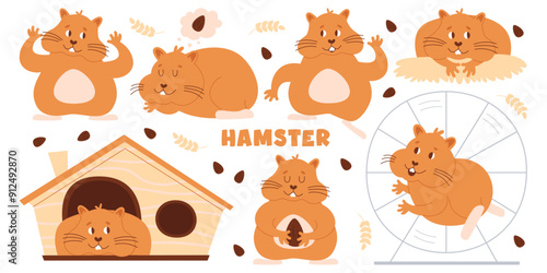 Funny fluffy hamster cartoon pet animal characters eating, sleeping, playing or hiding in house set