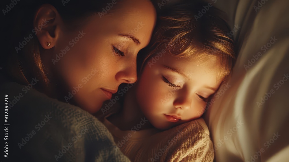 Parent comforting a child after a bad dream, security and affection, heartwarming Parent comforting a child after a bad dream, security and affection, heartwarming