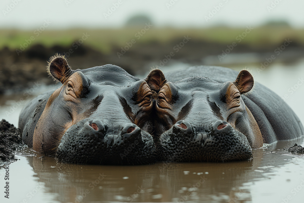 Fototapeta premium A pair of hippos lounging in a muddy waterhole, feeling cool and relaxed,