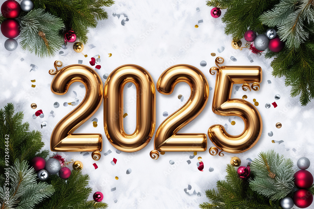 Numbers 2025 made of yellow balloons on a white background, frame of fir branches and New Year's balls. New Year and Christmas concept. AI Numbers 2025 made of yellow balloons on a white background, frame of fir branches and New Year's balls. New Year and Christmas concept. AI