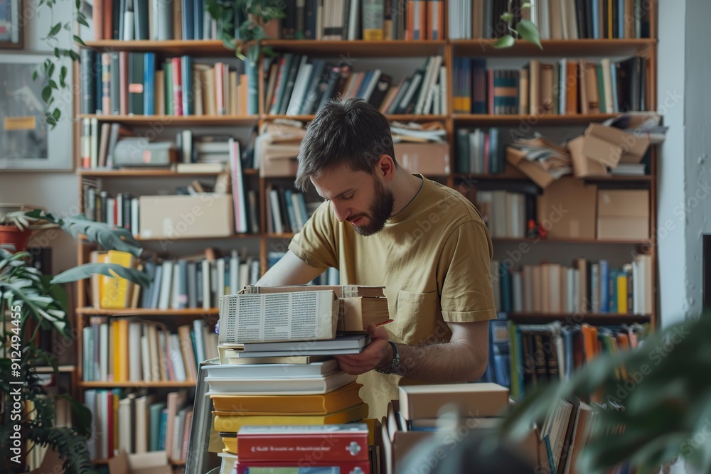 man unpacking books with a newly rented apartment in the background man unpacking books with a newly rented apartment in the background