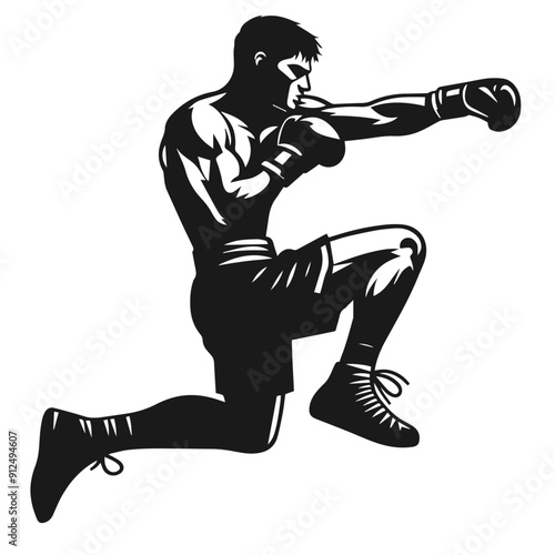 Clean black and white vector silhouette of a boxer isolated on white background
