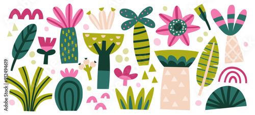 Wild rainforest exotic trees and flowers, jungle tropical plants set in hand drawn childish style