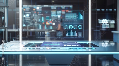 Wallpaper Mural A strategic CRM planning tool visualized as a holographic projection of charts, graphs, and data points, floating above a sleek, modern table. The environment is high-tech and futuristic. Torontodigital.ca