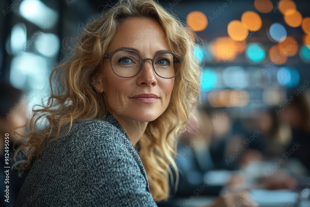 Obraz premium dynamic boardroom scene with confident middleaged woman leading diverse team modern sleek interior with glass walls interactive displays and engaged professionals collaborating