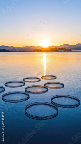 Aerial view of a fish farm with connected plastic circles in the sea at sunset photo