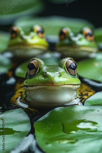 A group of frogs croaking harmoniously on lily pads, enjoying the cool swamp air,