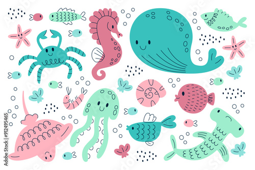 Childish sea ocean inhabitants, marine fish and animals underwater world prints design abstract set