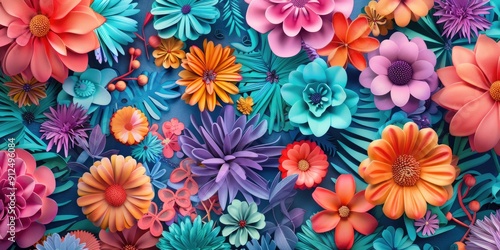 Colorful paper flowers on blue background.