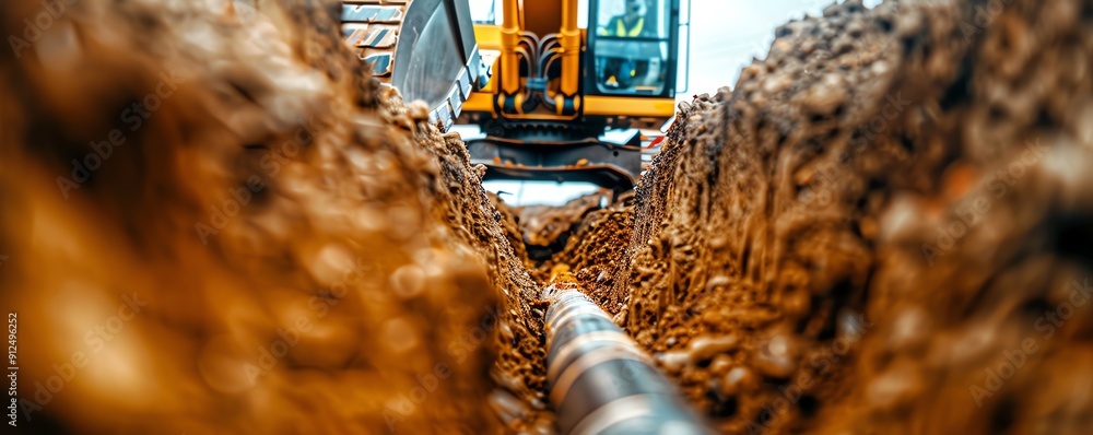 Excavator digging a trench for a pipeline, construction site backdrop ...