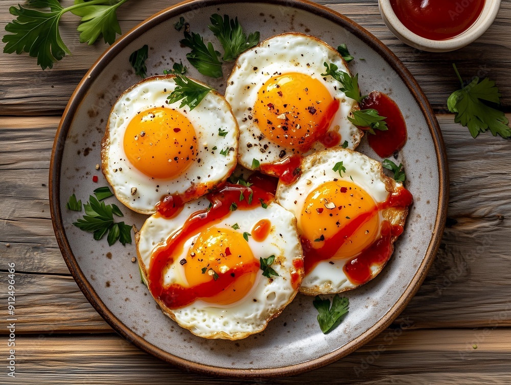 Fried Eggs Topped with Hot Sauce and Fresh Herbs, Presented on a Wooden Plate for Brunch Ideas Fried Eggs Topped with Hot Sauce and Fresh Herbs, Presented on a Wooden Plate for Brunch Ideas