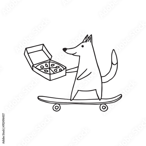 Simple drawing of dog delivery a opened pizza box with skateboard